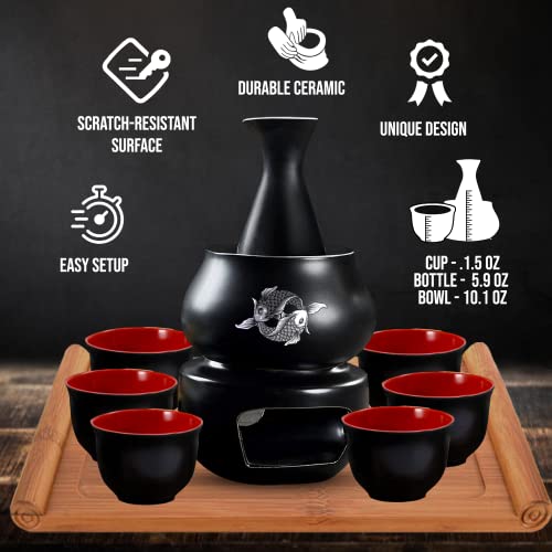 Japanese Sake Set With Warmer | 11 Pc | 6 Sake Cups Only | Non Electric Sake Warmer | Sake Bottle | Candles | Lighter | Bamboo Sake Flight Tray For Sake Cup Set | Bomb Gift Kit For Chinese Sake Set #TOP2