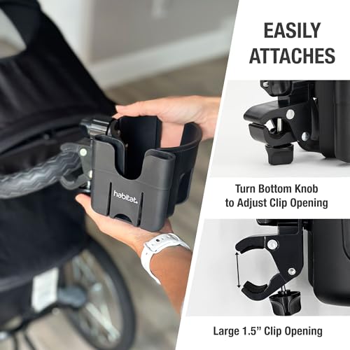 Image of Habitat Universal Stroller Cup Holder Attachment with Phone Holder - Adjustable Drink and Phone Organizer for Baby Strollers,Walkers, Bikes & Scooters, Parent Gift