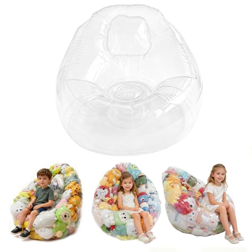 Image of Clear Stuffed Animal Storage Bean Bag Chair for Stuffed Animals, 150L Oval Shape 31.4in Waterproof PVC, 2-in-1 Toy Organizer and Comfy Seat for Kids Room and Playroom (No Filler Included)