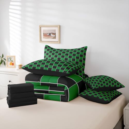 Image of Erosebridal Plaid Full Bed in A Bag 7 Piece Green Black Checkerboard Comforter Set with Sheets Geometric Checkered Bedding Sets for Kids Adults,Aesthetic Grids Bed Set
