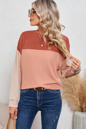 Image of Dokotoo Womens Tops Fashion 2026 Color Block Long Sleeve Shirts for Women Crewneck Knitted Casual Loose Blouses