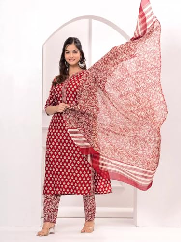 Image of Tee Projekt Women's Cotton Blend Floral Straight Kurta Pant with Dupatta Set ll Mandarin Collar