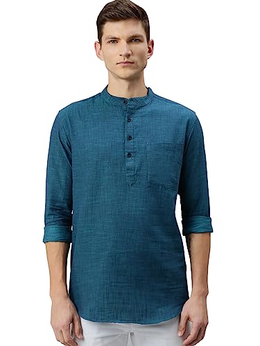 Image of KRYPTIC Men's Full Sleeve Regular Fit Short Kurta in Premium Pure Cotton with Patch Pocket and Mandarin Collar - Perfect Blend of Style and Comfort