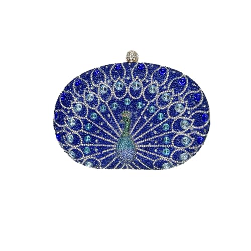 CORIOS Bolsa de mão feminina com strass de pavão para noite bolsa de mão de cristal brilhante bolsa de ombro elegante para noivas, Azul, Large