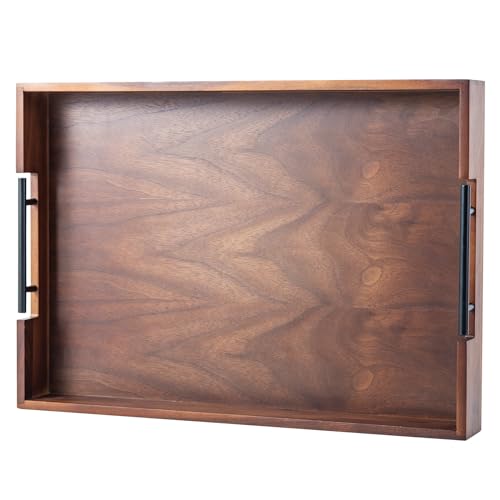 LOCDION Wooden Serving Tray with Metal Handles,20x14 in Food Drinks Tray for Coffee Table,Breakfast,Dinner,Rustic Decorative Storage Tray for Kitchen,Ottoman,Bedroom,Picnic(Black Walnut)