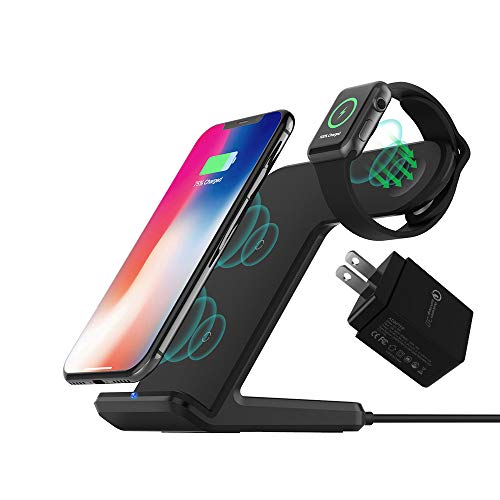 Fast Wireless Charger, FDGAO 2-in-1 10W Wireless Charging Stand Dock Compatible with Apple Watch 5/4/3/2, iPhone 11/11 Pro/XS/XR/8 Plus, Samsung S10/S10+/S9+/S8+/Note 9/8 (QC3.0 AC Adapter Included)