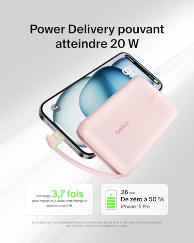 Belkin BoostCharge Batterie Externe 10 000 mAh Portable avec câble intégré (PD 20 W, Recharge Rapide USB-C Power Delivery, pour Tous Les modèles de l'iPhone 16/15, iPad Pro, Galaxy S24, etc.)
