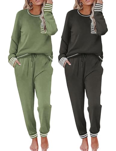 Ekouaer 2 Pack Womens Pajama Sets Long Sleeve Lounge Sets Soft Pj Sleepwear Loungewear Grey & Green Large