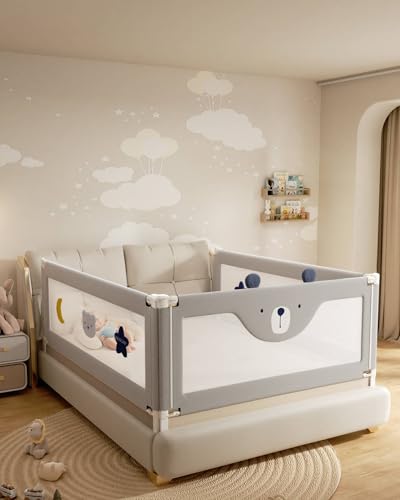 Image of 3 Piece Bed Rails for Queen Bed, No-Drill Needed Baby Bed Rail Guard for Toddlers with Height Adjustable, Thickened Child Safety Side Railing Guards/Bedrail for Kids, Grey Bear Design, 60x78.7x78.7in