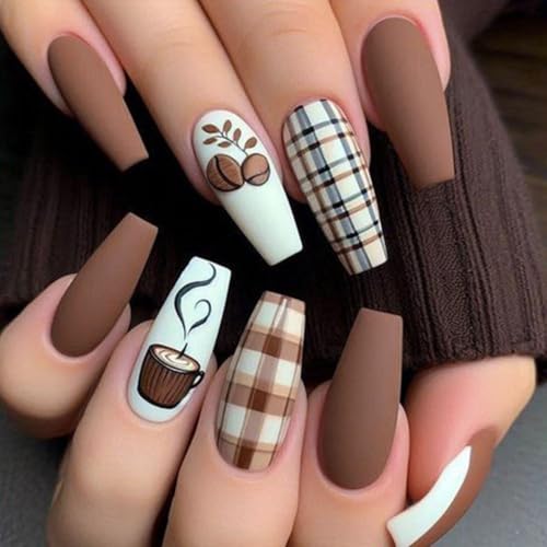 Coffee Press on Nails Long Coffin Fake Nails Brown Matte Glue on Nail Cute Fall False Nails with Grid Stripes Design Full Cover Acrylic Nails Autumn Winter Artificial Nail for Women