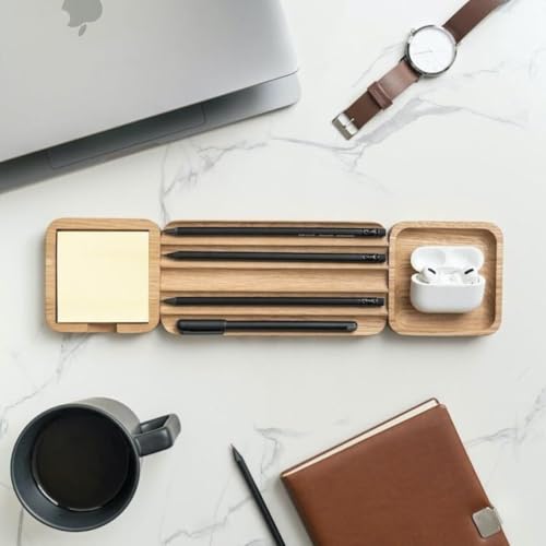 Image of Wooden Desk Organizer with Phone Stand, Multi-Compartment Stationery Holder, Natural Wood Finish (STYLE-4)