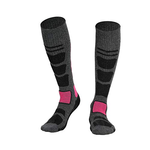 Lopie Ski Socks Merino Wool Women Men Over The Calf OTC High Performance Warm Skiing Snowboard Socks (Dark gray-Rose, Medium)