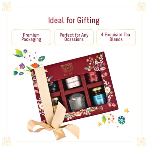 Image of OH CHA - Festive Tea Gift Box | Assorted Tea Gift Set with Stainless Steel Infuser & Multiflora Honey | 4 Exquisite Tea Flavors | Gift for Everyone, Wedding Gift, Corporate Gifting | Festive Gift Hamper, Gifts for Clients