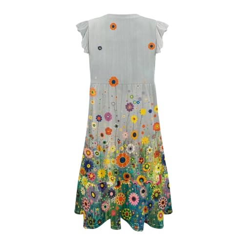 Image of Womens Summer Dress Ruffle Sleeve V Neck Dress Casual Fit Flowy Beach Vacation Sundress with Pocket S-2XL
