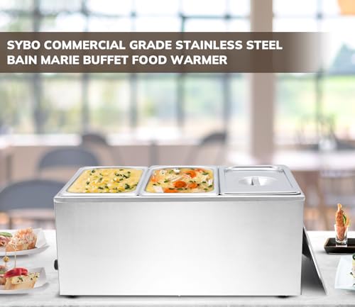 SYBO ZCK165BT-3 Commercial Grade Stainless Steel Bain Marie Buffet Food Warmer Steam Table for Catering and Restaurants, (3 Sections with Tap), Sliver