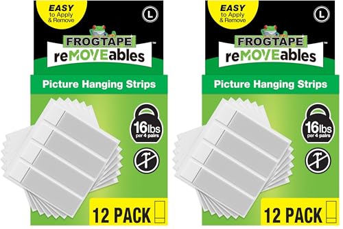 Image of FrogTape reMOVEables Large Picture Hanging Strips, Damage-Free Removable Adhesive Wall Strips, Picture Hangers, Stick On Wall Mounting for Frames, Canvas, Home Decor, White, 12 Pairs (24 Pieces)