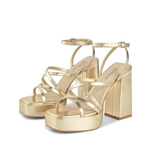 Image of ISNOM Platform Chunky Heels for Women, Block Heel Sandals with Open Square Toe and Ankle Strap