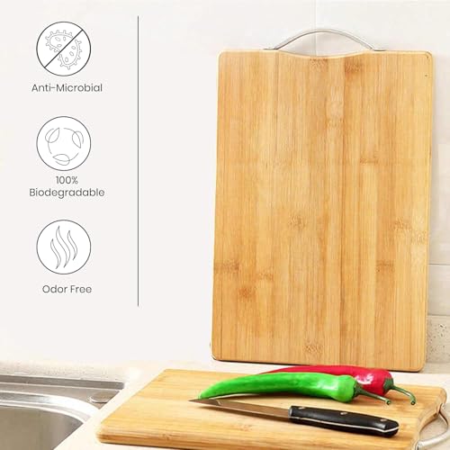 Image of Yellow Weaves Bamboo Wood Chopping Board Cutting Board with Metal Handle for Vegetables, Fruits, for Kitchen Use, Eco Friendly, BPA Free, Anti Microbial (20 x 30 CM, 1.8 CM Thickness)
