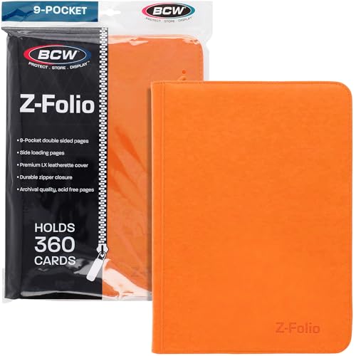 BCW Z-Folio 9-Pocket LX Album - Orange | Secure Zipper Card Organizer | Premium Leatherette Card Collection Binder | Trading Card Binder for Pokemon, MTG, Sport Cards and More