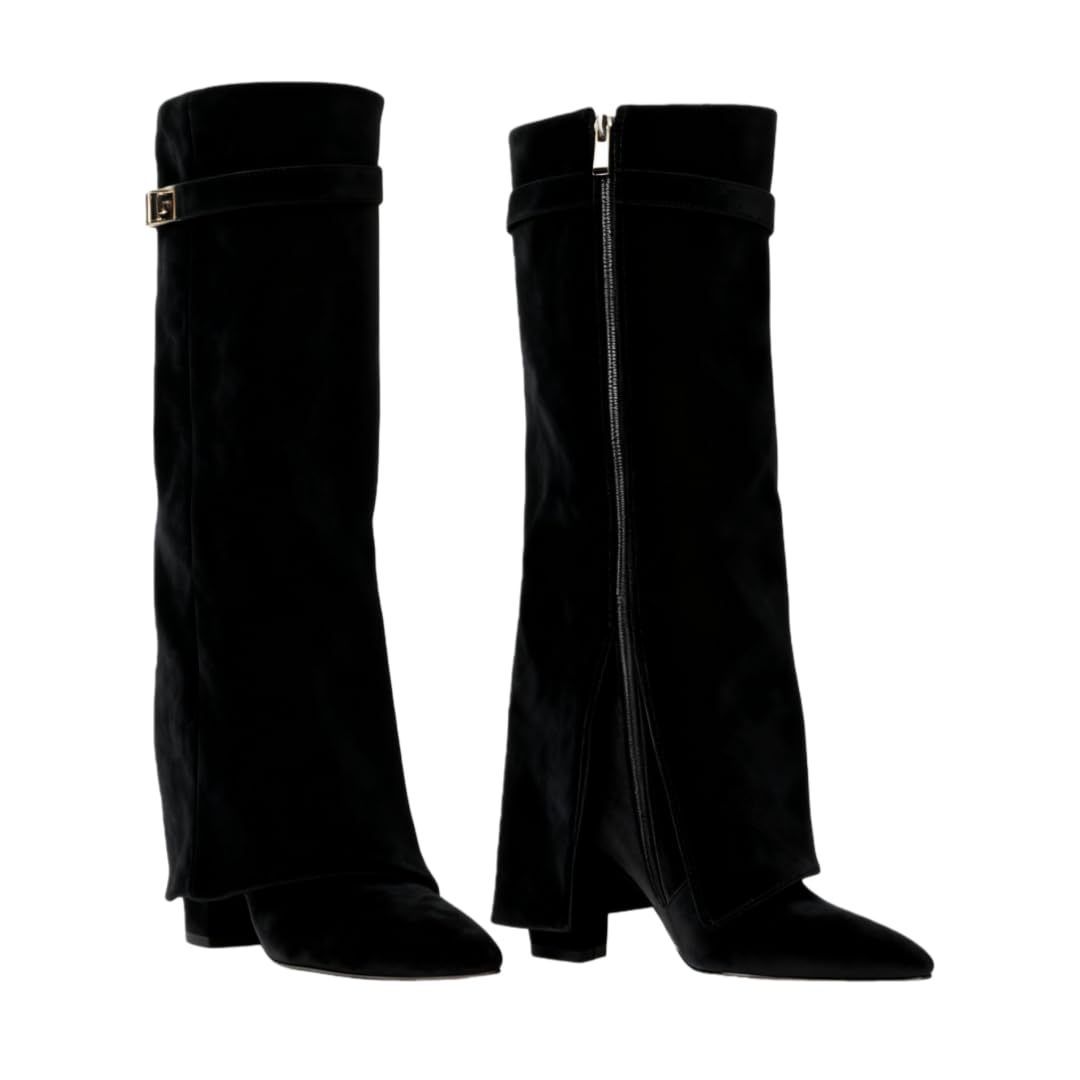 Woman Pointed-toe wide-leg adjustable Boots Knee High Boots Thick High Heel Side-zip Shark Boots