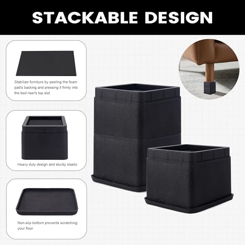 BTSD-home Adjustable Bed Risers 3 or 6 Inch Heavy Duty Stackable Furniture Risers for College Dorm Bed Sofa Table Couch Chair Bed Raisers Blocks Set of 4 Black