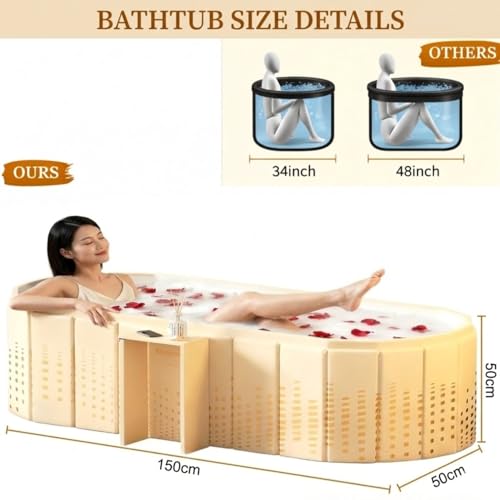 Image of Portable Ice Bath Tub for Adults Foldable Bathtub Spa, Thick Insulated Soaking BathTub with Drain, Home Bathroom Large Ice Bath Tub & Hot Spa Bath Relaxation (Beige with Soap Stand)