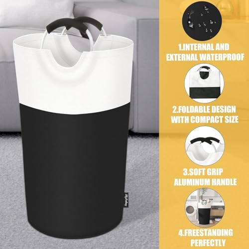 Image of 90L Large Laundry Basket, Collapsible Laundry Bag, Freestanding Tall Clothes Hamper, Foldable Washing Bin (Black & Beige)
