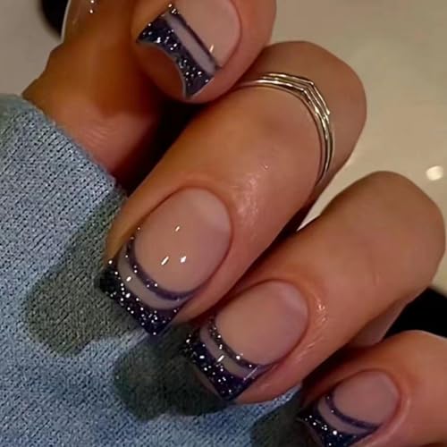 Image of Black French Tip Press on Nails Medium Square Fake Nails with Design Black Line False Nail Glitter Glue on Nail Glossy Full Cover Artificial Acrylic Bling Stick on Nail for Women NBNTGH Manicure 24pcs