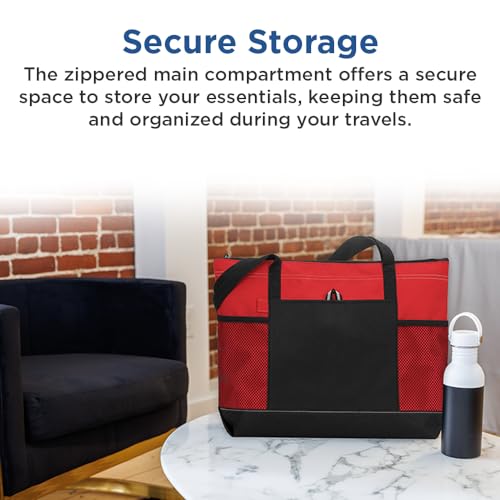 Black Zippered Tote Bag with 600-D Polyester Fabric, 29.5-Inch Shoulder Straps, Zippered Compartment, Front Pocket with Pen Loop, and Side Mesh Pockets3