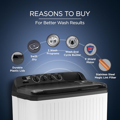 Image of Lloyd 9 kg 5 Star Semi Automatic Top Load Washing Machine |1300 RPM | Detergent Storage Zone | 3 Wash Programs | Swift Dry | Magic Filter, (GLWS905AONDG, Dark Grey and White)