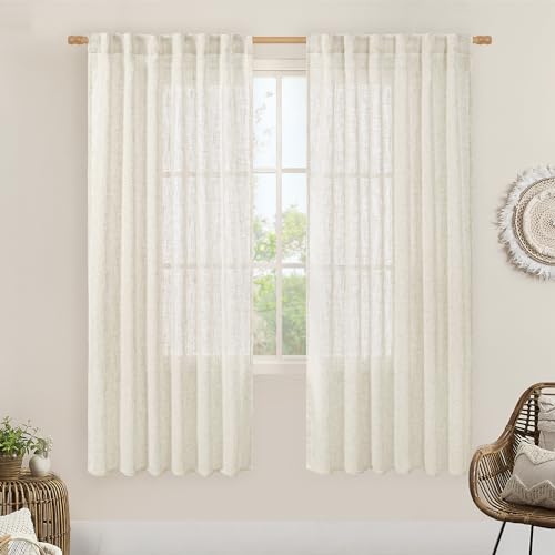 LAMIT 68 inch Semi Sheer Linen Curtains 2 Panels Set, Cream Ivory Light Filtering Panels Back Tab and Rod Pocket Neutral Drapes for Kitchen/Window/Sliding Glass Door, 52 x 68 Inch