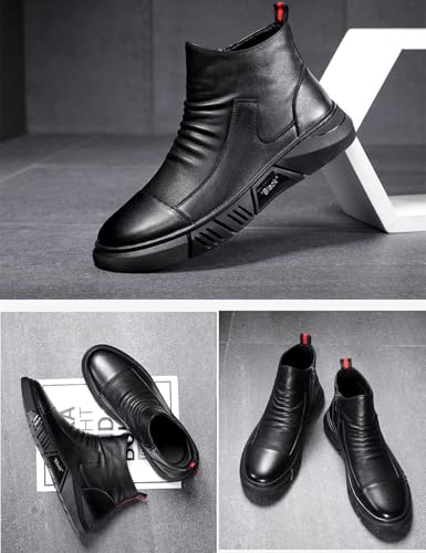Keilinia Men Black Italian High-top Casual Leather Boots,2022 Fall New Round Toe Waterproof Non-slip Shock-absorbing Booties4