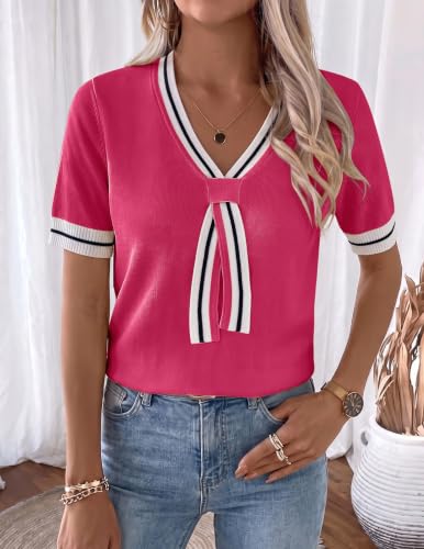 Image of Libsorge Womens Lightweight Cute Bow Tie Sweater Spring 2026 Business Casual Outfits V Neck Short Sleeve Tops