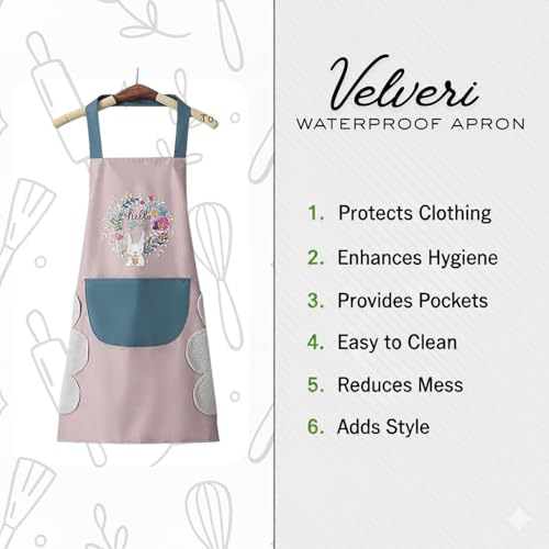 Image of VELVERI 1PACK Waterproof Cooking Apron for Women Men with Big Front Pocket Hand-Wiping Towel | Floral Rabbit Graphic Design | Oil Proof Chef Bib for Home Baking Grilling