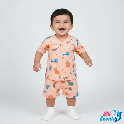 Image of Lil' Shark Baby Cotton T-Shirt & Shorts Set | 100% Pure Cotton Summer Wear for Baby Boys & Girls | Soft, Breathable Infant Casual Outfit | Printed T-Shirt with Shorts Set