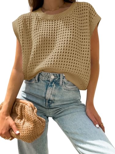 Image of Womens Summer Crochet Tops Hollow Out Cap Sleeve Cover Up Tank Top Pullover Sweater Vest Beach Vacation Clothes