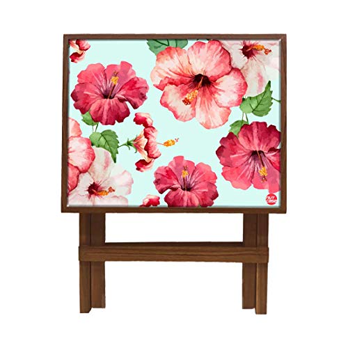 Image of Nutcase Designer Teak Wood Side Table Folding Wooden Bedside Coffee Outdoor Picnic Table - Hibiscus Floral