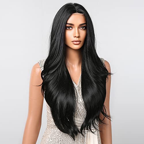 Black Wigs For Black Women Long Body Wave Middle Part Wig With Lace In Forehead Wig Glueless Natural Hairline Synthetic Heat Resistant Wig #TOP2
