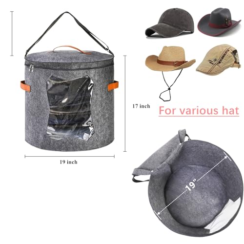 Yopay 2 Pack Hat Storage Boxes for Women, Oversized Round Travel Hat Container with Dust Proof Lid Window, Foldable Stuffed Toys Clothes Brim Hats Storage Organizer Bag Bin, Adjustable Shoulder Strap