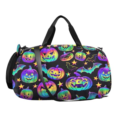 Duffle Bag for Boys or Girls with Shoes Compartment, Cartoon Pumpkins Bats Neon Sports Travel Bag Overnight2