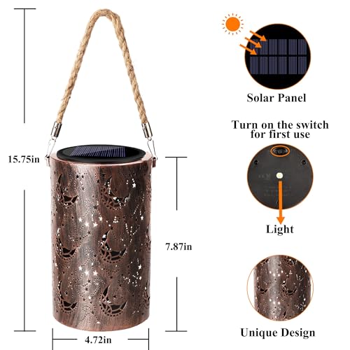 Toodour Solar Lantern Outdoor, Hanging Solar Outdoor Lights Garden Decor, Waterproof Hollow Out Retro Metal Moon Decorative Lights for Patio, Balcony, Yard, Walkway, Landscape, Outdoor Decorations