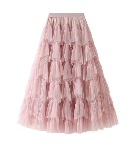 GOLDSTITCH Tulle Skirts for Women Long Fairy Skirt Tutu A-Line Mesh Layered High Elastic Waist Skirts A-Pink