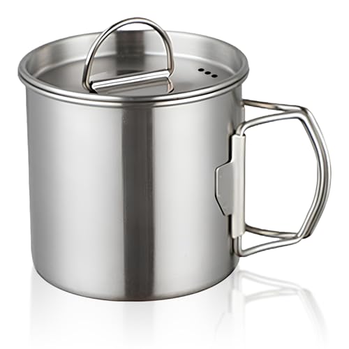 HERCHR Taza para Acampar, Taza de Senderismo al Aire Libre Taza de Agua de Acero Inoxidable de 350ML/500ML con Asas Plegables y Tapa para Viajes, Camping y Mochilero (350ML)