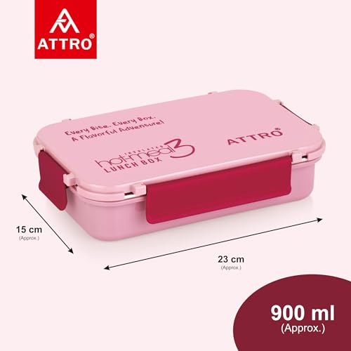 Image of ATTRO Hot-Meal 3 Insulated Lunch Box with 3 Compartment, Inner Stainless Steel & Locking Lid BPA-Free Food Grade Ideal for School, Office - 900ml Peach