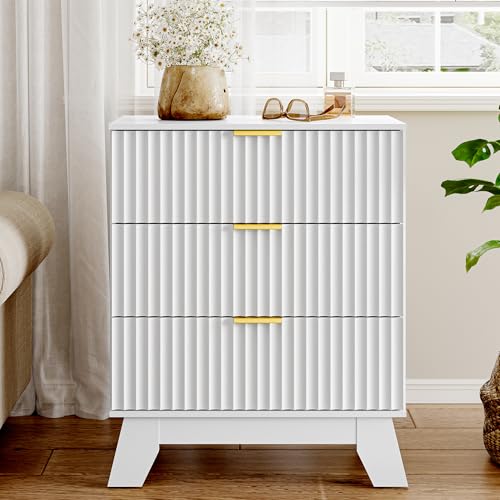 Image of HUANLEGO Fluted Nightstand with 3 Drawer for Bedroom, White | Mid Century Modern Beside Table with Metal Handle, Wooden End Table with 3 Drawers for Living Room, Closet, Entryway