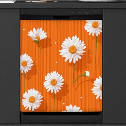 Calcomanía magnética para lavavajillas con diseño de margaritas blancas sobre naranja para decoración de electrodomésticos de cocina, cubierta magnética reutilizable para el panel del frigorífico