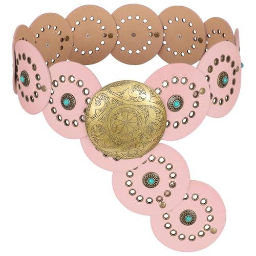 Image of XZQTIVE Western PU Leather Belts for Woman Concho Cowgirl Cowboy Disc Belt for Ladies Wide Boho Country Waist Belts for Dress
