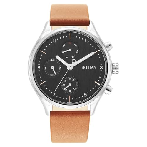 Image of Titan Neo Quartz Multifunction Black Dial Brown Leather Strap Watch for Men - NT1803SL02