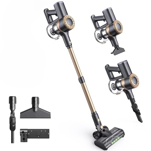 Lubluelu Akku Staubsauger Kabellos, 450W Motor & 45kPa Saugleistung, Leichter & Leiser Akku-Standstaubsauger mit LED-Anzeige, Ideal für Tierhaare, Teppiche, Hartböden & Auto, Gold