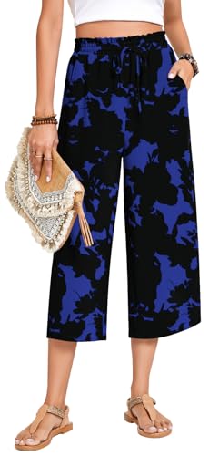 Image of Anyhold Women's Capri Pants Drawstring Casual Palazzo Trousers with Pockets Loose High Waisted Wide Leg Lounge Pants